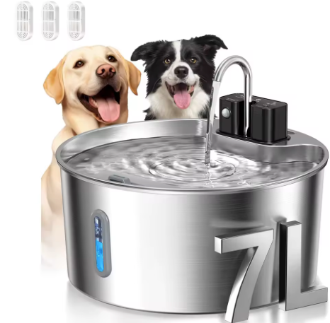 Whiskeroot Aqua 7L stainless steel pet water fountain with two dogs and three replacement filters