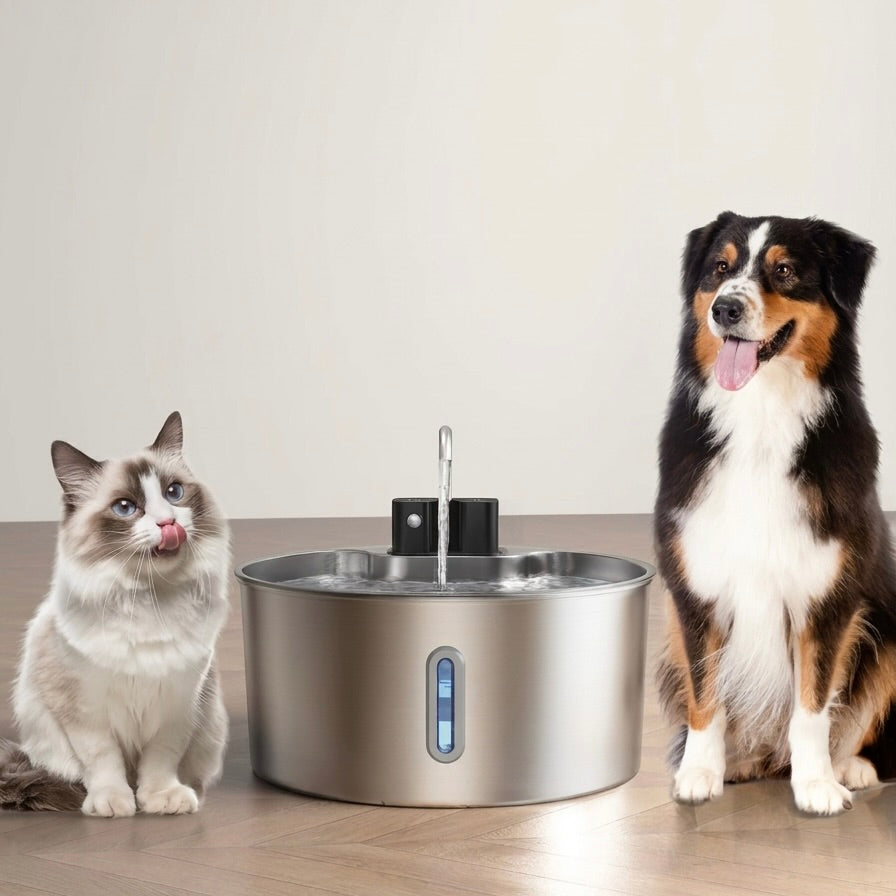 A cat and a dog beside the Whiskeroot Aqua stainless steel water fountain on a wooden floor